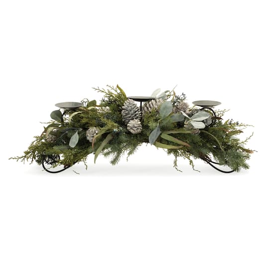 Melrose 32" Mixed Pine, Eucalyptus & Pinecones Candle Holder Centerpiece in Green | 32" x 13" x 12" | Michaels®